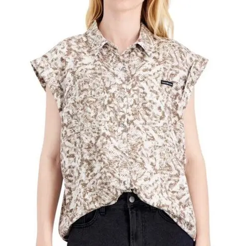 NWT Calvin Klein Jeans Tencel Button Modest Collared Sleeveless Top Snakeskin 1X Gray