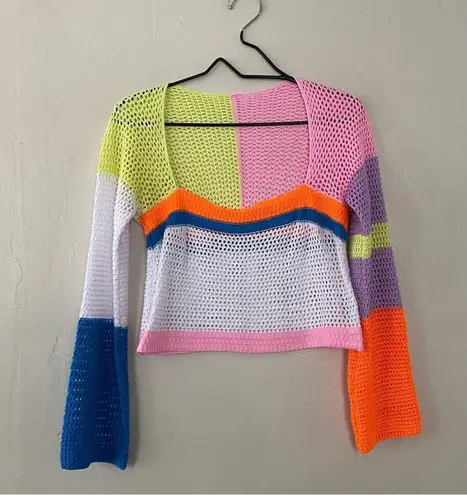 Crochet Colorblock Y2K Cropped Open Knit Sweater Bright Vibrant Top Size Large White