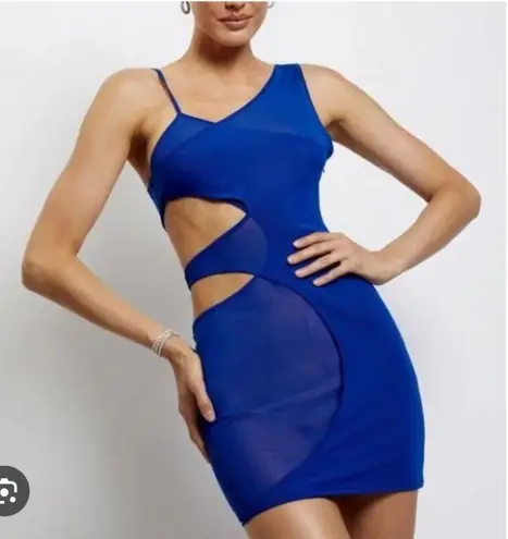 Meshki Aubrey Dress Womens XS Blue Asymmetric Cutout Mesh Bodycon Mini