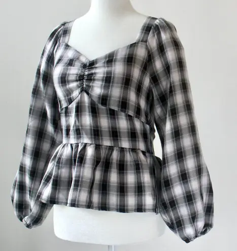 Pleione Black White Gingham Sweetheart Smocked Peplum Crop Top Extra Small