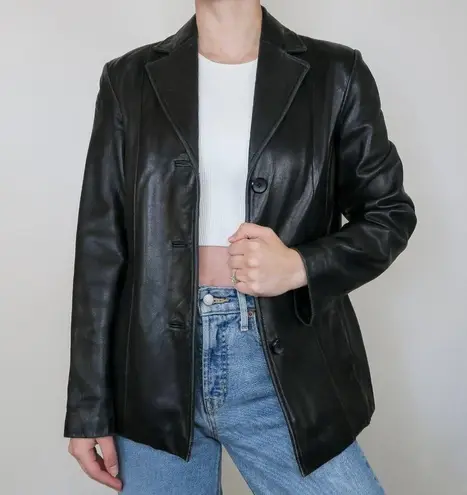 Vintage 90s Siena Black Leather Blazer Trench Coat Size M