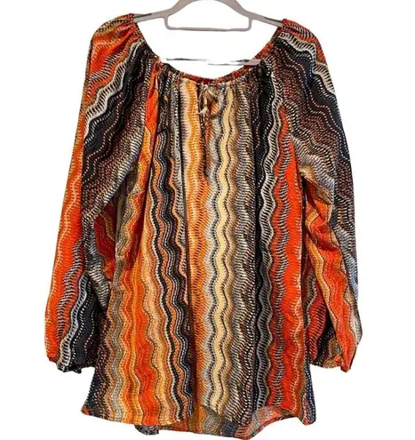 Fashion Fuse Fashion Fuse Boho Keyhole Flowy Long Sleeve Blouse Orange Navy Size 1X