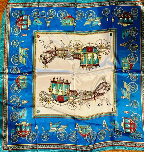 VINTAGE EQUESTRIAN horse&carriage ROYAL BLUE silky SCARF 35’/35’ inches