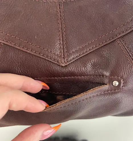 B Makowsky Brown Pebble Leather Western Boho Studded Fringe Crossbody Bag Purse