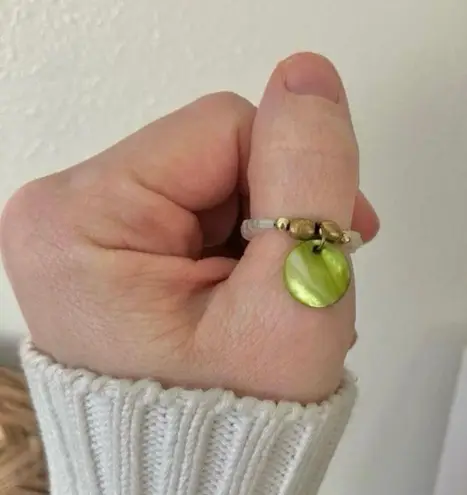 Handmade “Enyo” Green Abalone Fidget Ring Seed Bead Crystal Spinner Tactile Elastic Boho