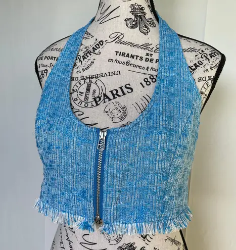 STAUD Becca blue tweed zip-up fringe hem halter crop top size 10 M medium