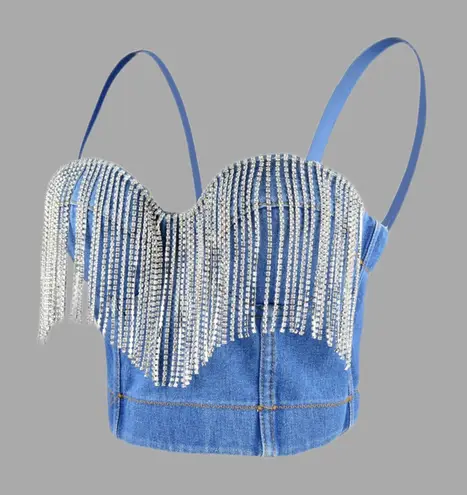NWT Cropped Denim Top w/ Rhinestone Fringe Embellishments SZ XS Blue