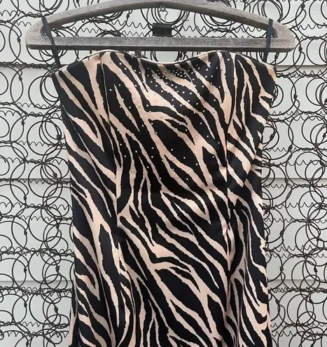 Jessica McClintock 90s Y2K Zebra strapless rhinestone fit flare prom dress