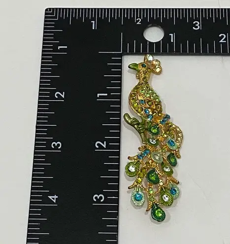 Unsigned Green Rhinestones Peacock Brooch