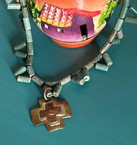 Artisan Handcrafted Turquoise Tube Bead Mixed Metal Cross Centerpiece Necklace Blue