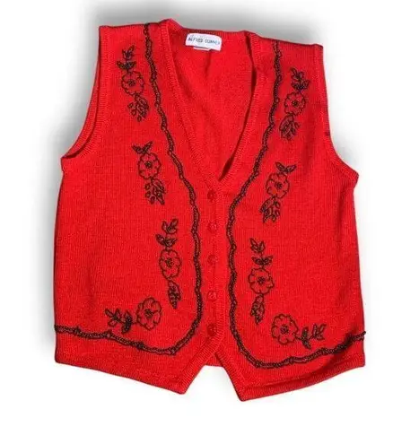 Vintage 90s Embroidered Sweater Vest Red Beaded Dark Floral Printed Knit Vneck Size M