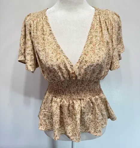 Ambiance Boho Dainty Floral Low V Neck Smocked Waist Flutter Sleeve Blouse Size L
