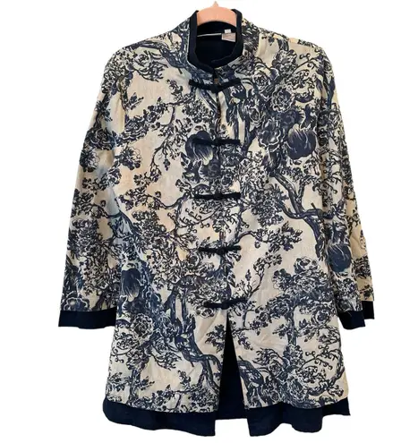 Soft Surroundings COTTON/LINEN BLEND MANDARIN COLLAR KIMONO TUNIC NAVY Medium