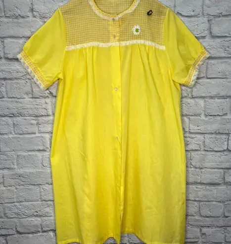 Vintage Archdale Maid House Coat Robe Button Front Yellow Gingham Bee M Lace Size M