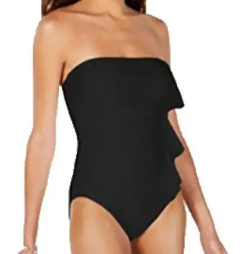 DKNY  Bandeau Black Ruffle Slimming One-Piece Swimsuit NWT 10