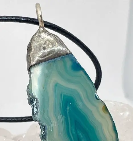 Brazilian Agate Slice Geode Pendant & Black Faux Leather Cord. Handmade
