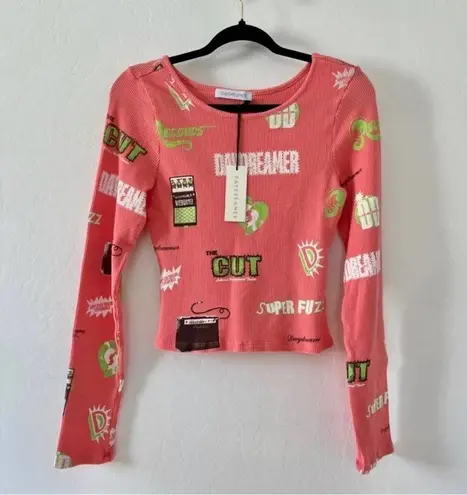 Daydreamer Pink Green Radio Stereo Amplified Thermal Long Sleeve Crop Top Sz XS