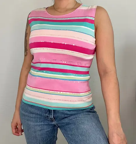 Petite Sophisticate Silk Blend Stretch Striped Sequin Knit Tank Top Sleeveless