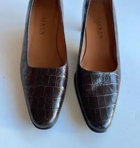 Ralph Lauren Lauren  Croc Embossed Heels Brown Leather Womens Size‎ 7.5B S…