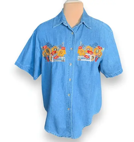 Vintage 90s Chambray Denim Shirt Blue Floral Embroidered Sunflower Butterfly Top Size L