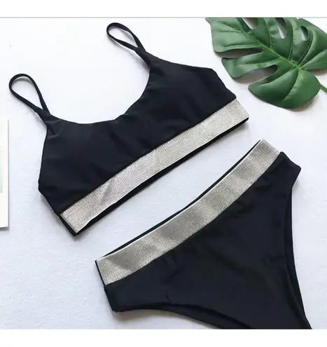 Boutique emma bling trim high waist swimsuits set black