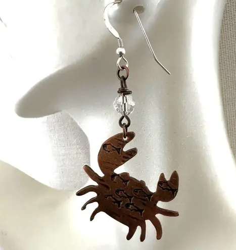 Handmade Copper Crab Earrings with Etched Fish & Crystal Beads