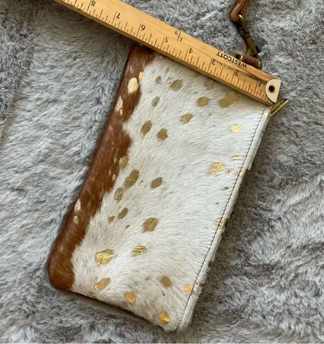 Metallic Leather Acid Wash White & Gold Wristlet 10” x 6” Tan