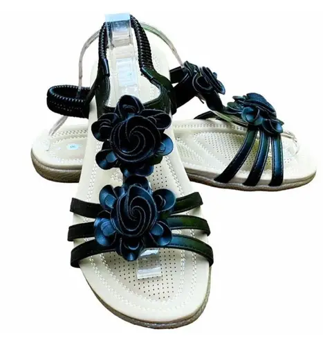 NWOT ~ LILLEY Black Strappy Summer Sandals with Flower Top ~ Women's Size 9