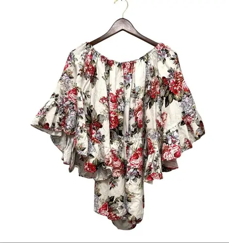 LPA Anthropologie Linen Off Shoulder Romper Floral Summer Rose Bouquet Size XS