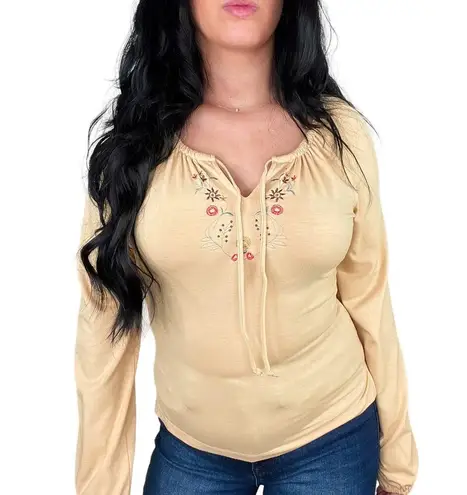 Y2k Vintage Xhiliration Tan Long Sleeve Floral Embroidered Blouse Medium Brown