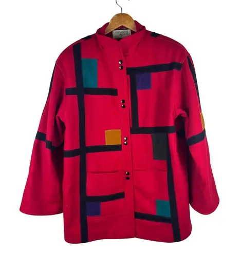 International Scene Vintage Red Wool Patchwork Jacket Womens 9 / 10 Artsy Coat