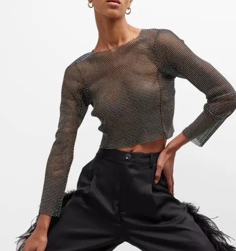 NWT SHIMMER Rhinestone Black MESH CROP TOP. Size Large