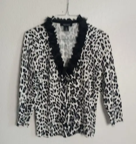 White House | Black Market WHBM leopard print cardigan ruffle neckline Small