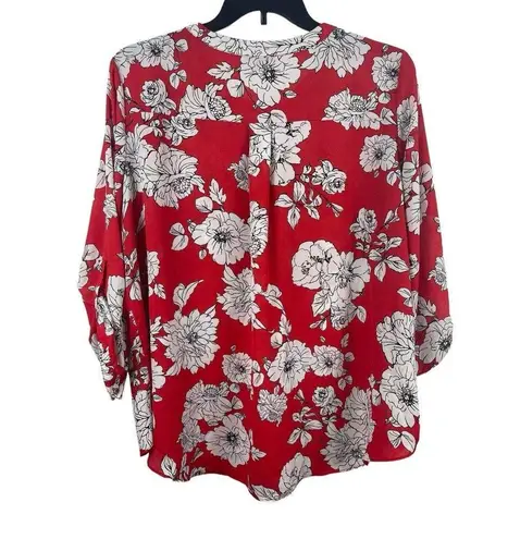 Sami & Jo Red Floral Sheer Pullover Roll Tab Sleeve V-neck Top 2x