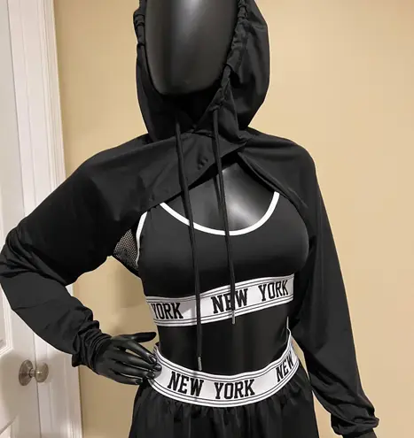 Sport 3pcs set boxer shorts top sport bra crop top hoodie mesh tape set yoga gym Black