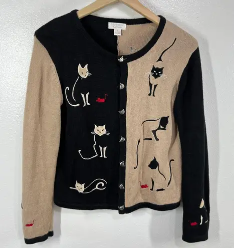 Christopher & Banks Vtg. 2003 Cat Sweater Cardigan Ramie Cotton Embroidered