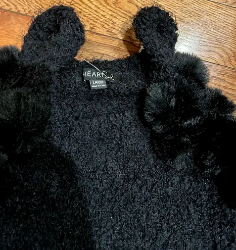Heart black cold shoulder hairy knit sweater black faux fur balls size L Size L