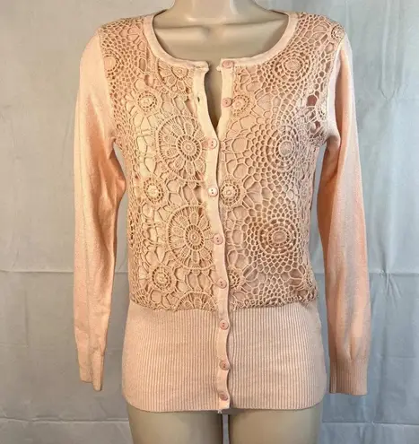 Blu Moon Soft Pink Long Sleeve Lace Overlay Silk Blend Sweater Size Small