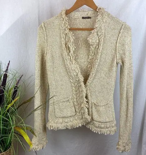 J. McLaughlin  Tan & Gold Fringe Woven Long Sleeve Cardigan Jacket XS