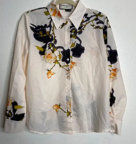 Snow Xue Gao New York Floral Silk Button Down Long Sleeve Shirt, Size L Tan Size L