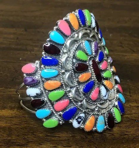 Sterling Silver Petit Point Gemstone and Handcrafted Native American Navajo Cuff