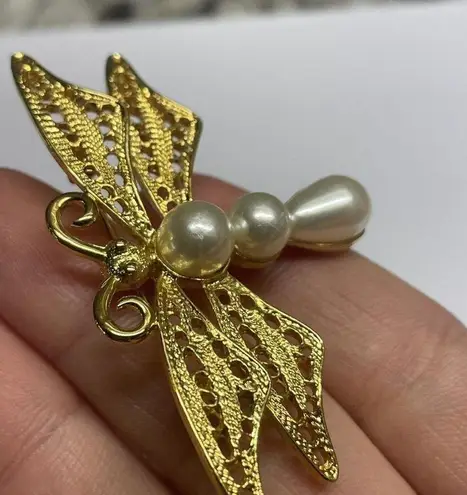 Monet Signed  Costume Brooch Pin - Gold Tone Faux Pearl Dragonfly Insect