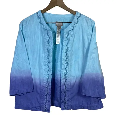 Chico's  Linen Blend Open Cardigan Sweater Sz 1 M Beaded Ombre Blue Embroidered