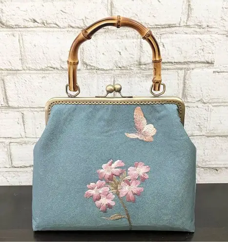 Handmade Blue Embroidered Butterfly & Flowers Wooden Top Handle Chain Strap Bag