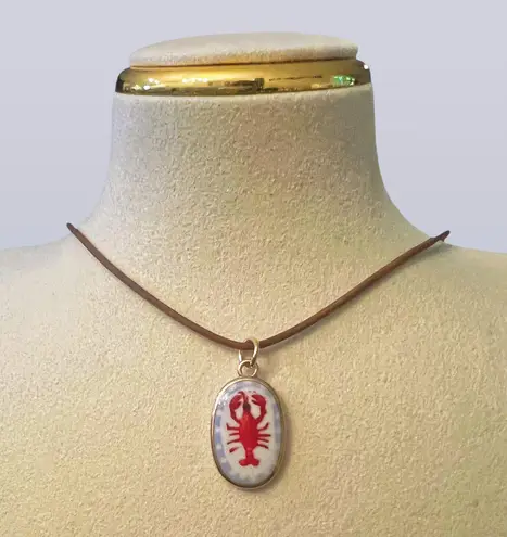 Handmade Lobster cute oval charm brown leather cord necklace choker