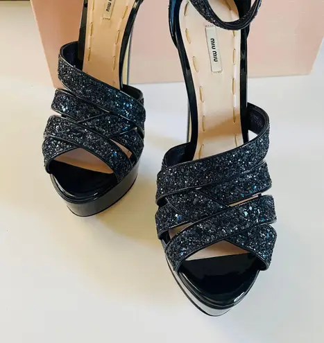 Miu Miu Patent Leather Glitter Accents Platform Sandals Blue Sz 10/40 Brand New