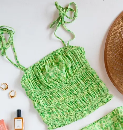 Charlie Holiday Nixon Top Floral Smocked Tie Strap Crop Tank Green NWT Size 6