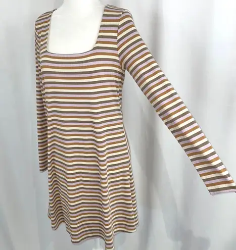 VERO MODA New Square Neck Long Sleeve Mini Dress Frida Neutral Stripe