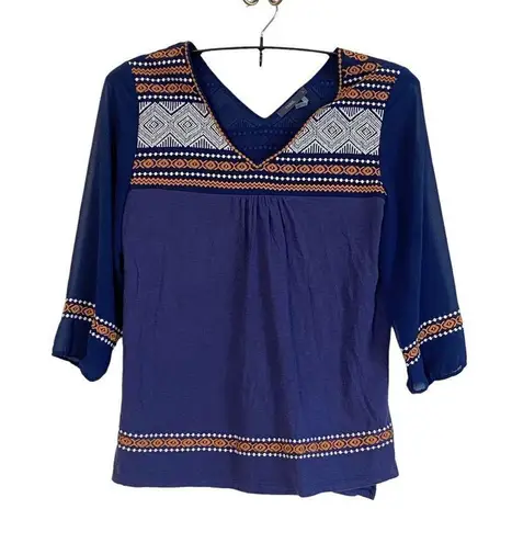 THML  Boho Embroidered V Neck 3/4 Sleeve Blouse Sz L