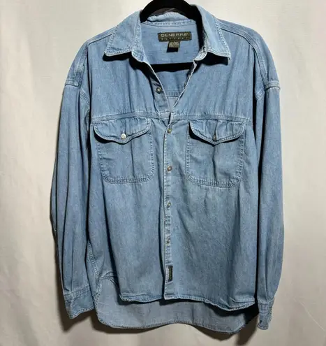 VTG Light Blue Denim Button Up Top Long Sleeve Retro Western Flap Pockets Boho L Size L